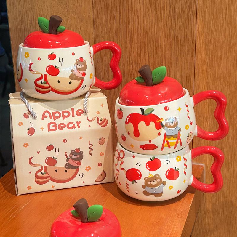Milk Fufu Apple Bear Mug Cute High-value Ceramic Cup with Lid Office Coffee Cup Birthday Gift