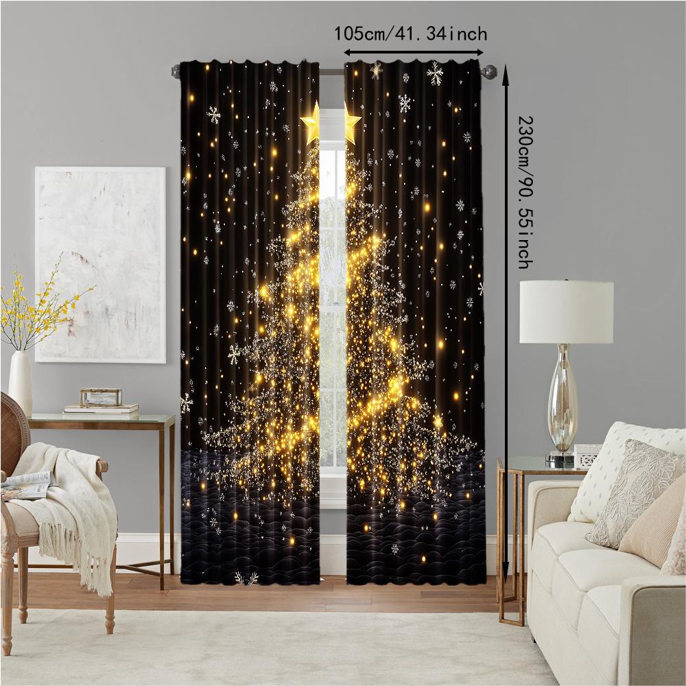 Set aus 2 Goldfarbenen Weihnachtsbäume Druck Vorhängen Stangenloch Design Einfaches Aufhängen Perfekt Wohnzimmer Schlafzimmer Büro Polyester Hausgemacht Großes Fenster