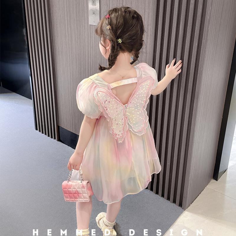 2-12 let Dětská móda Flitrové šaty Zip na zádech Duhová mašle Křídla Krátký rukáv Dívčí šaty na narozeninovou oslavu Show Princeznovské oblečení