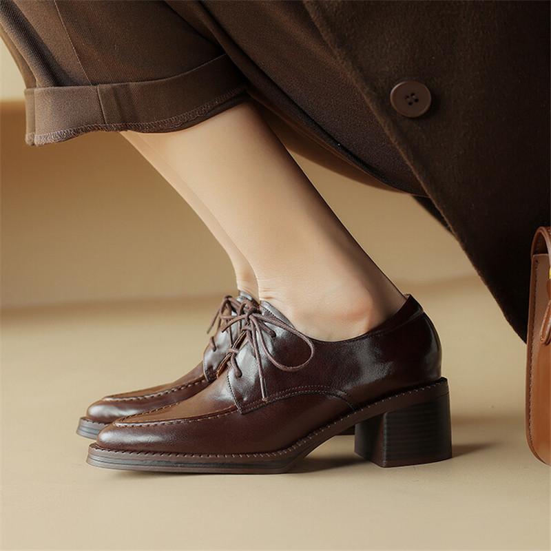 Fashion New Spring Pleated Cowhide Loafers Woman Shoes Chunky Heels Pointed Toe High Heels Shoes for Women Lace Women Pumps Zaptos Mujer