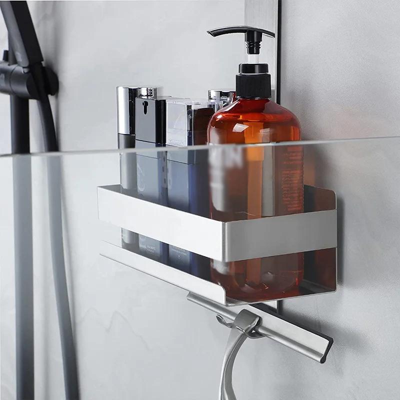 Bathroom Door Back Hanging Shelf Stainless Steel Over Glass Door Storage Rack Shampoo Holder Toiletries Storage Tray with Hook