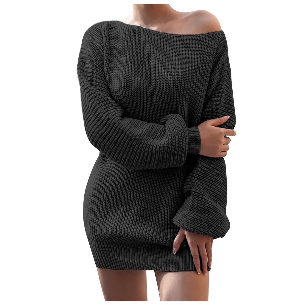 Women Fashion Casual Solid Color Solid Color Loose Slanted Shoulder Stitching Long-sleeved Knitted Dress