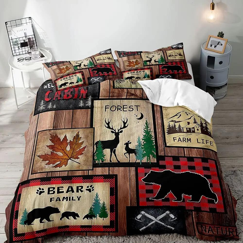Deer Duvet Cover SetWoodland Animals Elk Moose Bear Wildlife Hunting Country Cabin Bedding SetRustic Farmhouse Comforter Cover