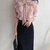 Heart Pattern Frill Tie Ribbon Puff Spring Blouse