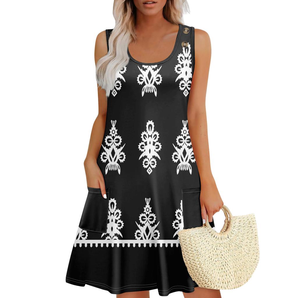 Summer Dresses For Women Beach Boho Sleeveless Printing Flowy Pocket Tshirt Tank Sundresses