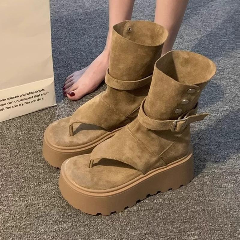 Thick-soled heightening versatile cool boots summer new breathable short boots brown retro toe sandals women
