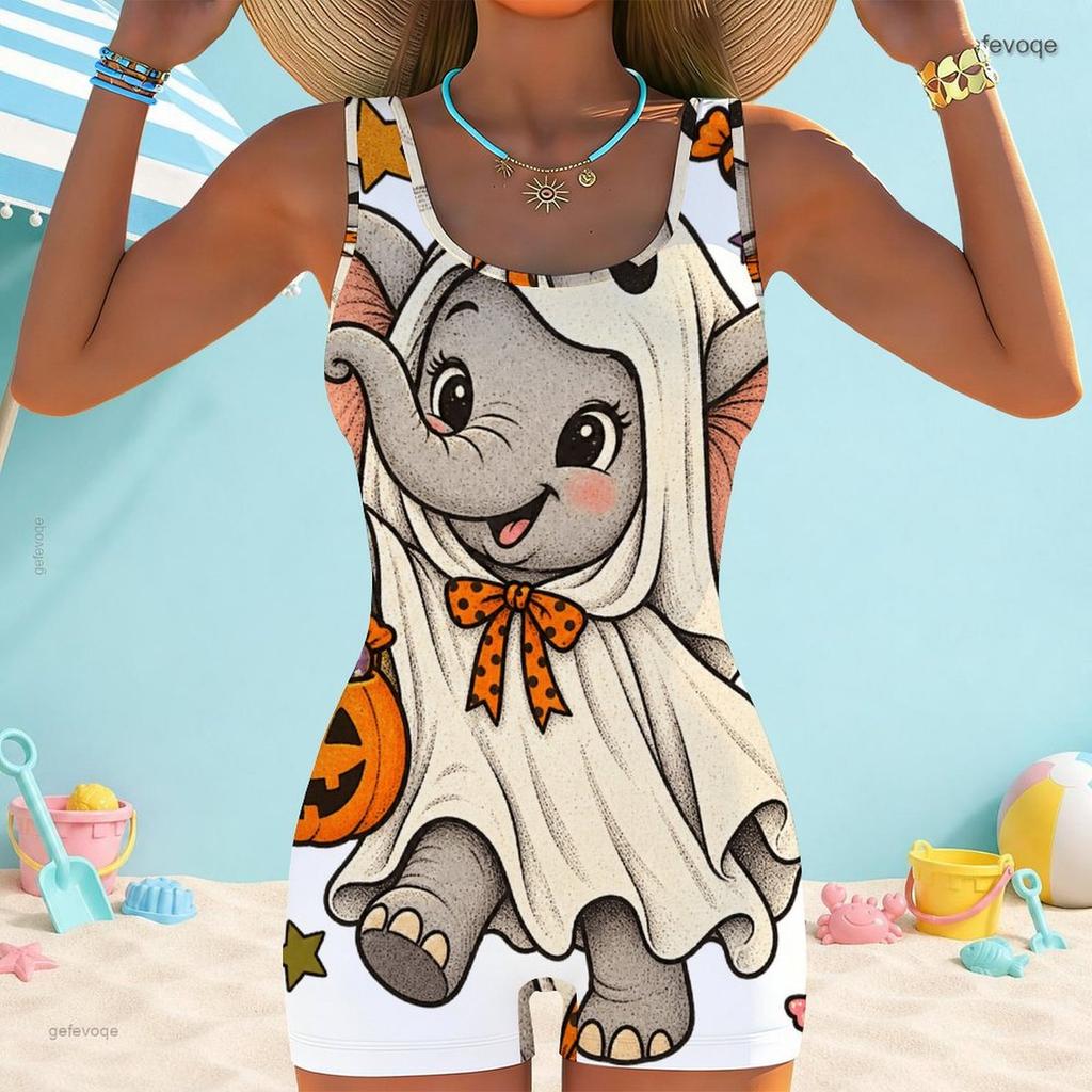 Women Plus Size White Square Neck Wide Straps One Piece Boyshort Swimsuit Ghost Pumpkin Print