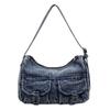 Denim Shoulder Bag Women Fashion Casual Crossbody Bag with Front Pockets and Adjustable Strap