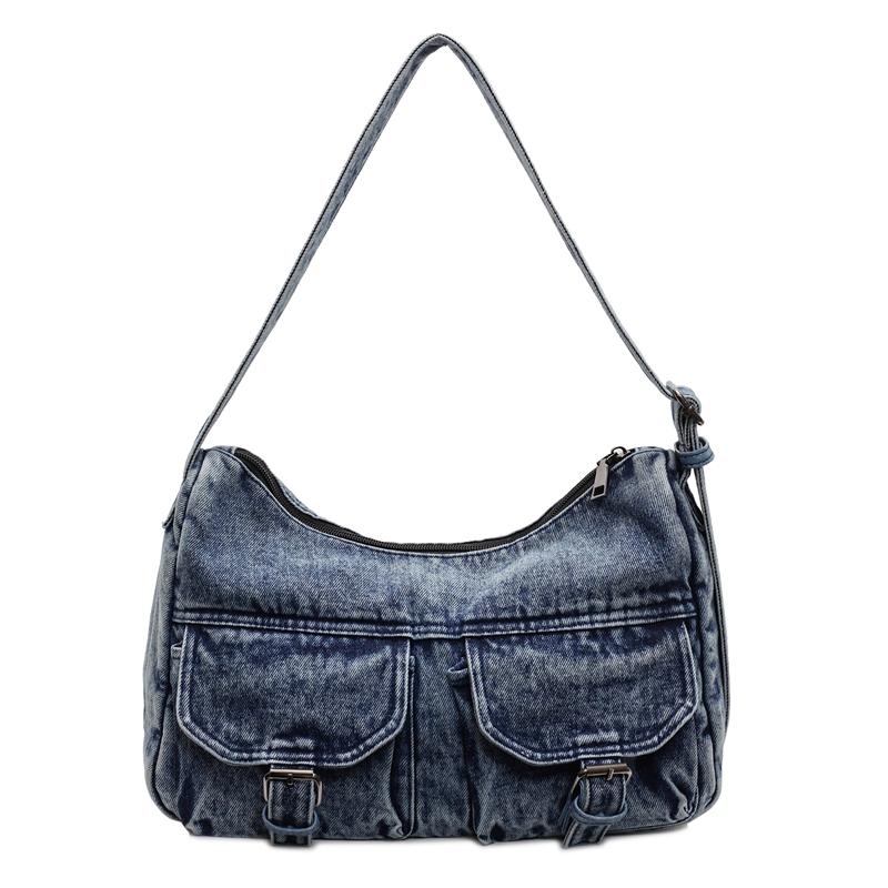 Denim Shoulder Bag Women Fashion Casual Crossbody Bag with Front Pockets and Adjustable Strap