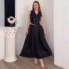 Cross-border European and American Women's Clothing  Amazon V-neck Versatile Button Belt Sleeveless A-word Versatile Long Dress Set
