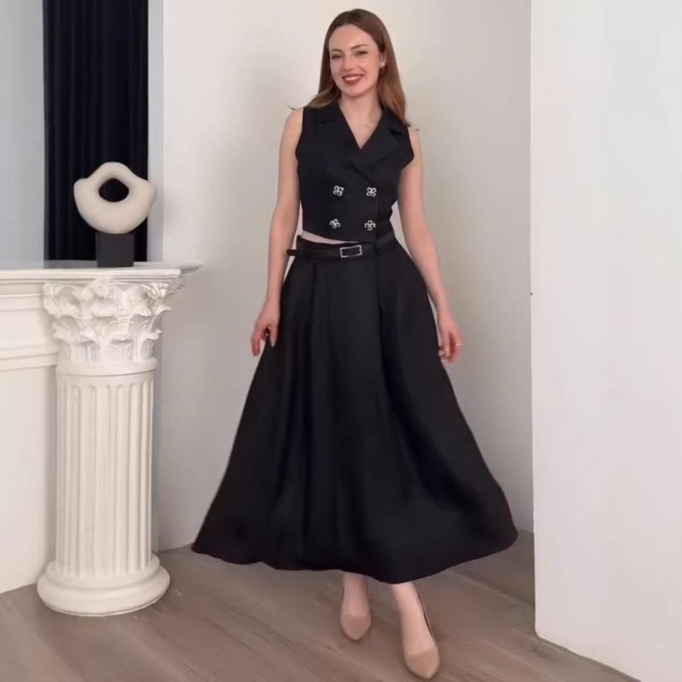 Cross-border European and American Women's Clothing  Amazon V-neck Versatile Button Belt Sleeveless A-word Versatile Long Dress Set
