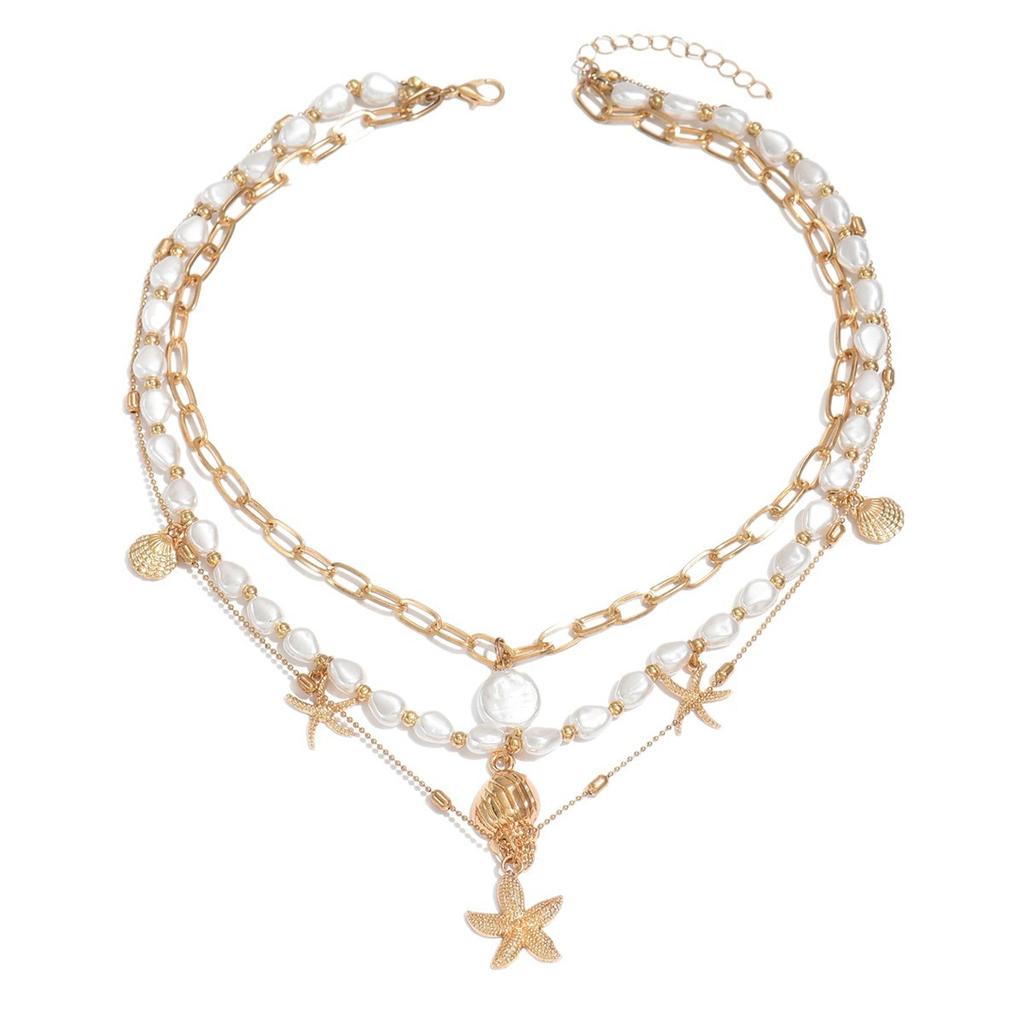 European and American summer seaside starfish conch necklace women's multi-layer stacking design vacation imitation pearl collarbone chain