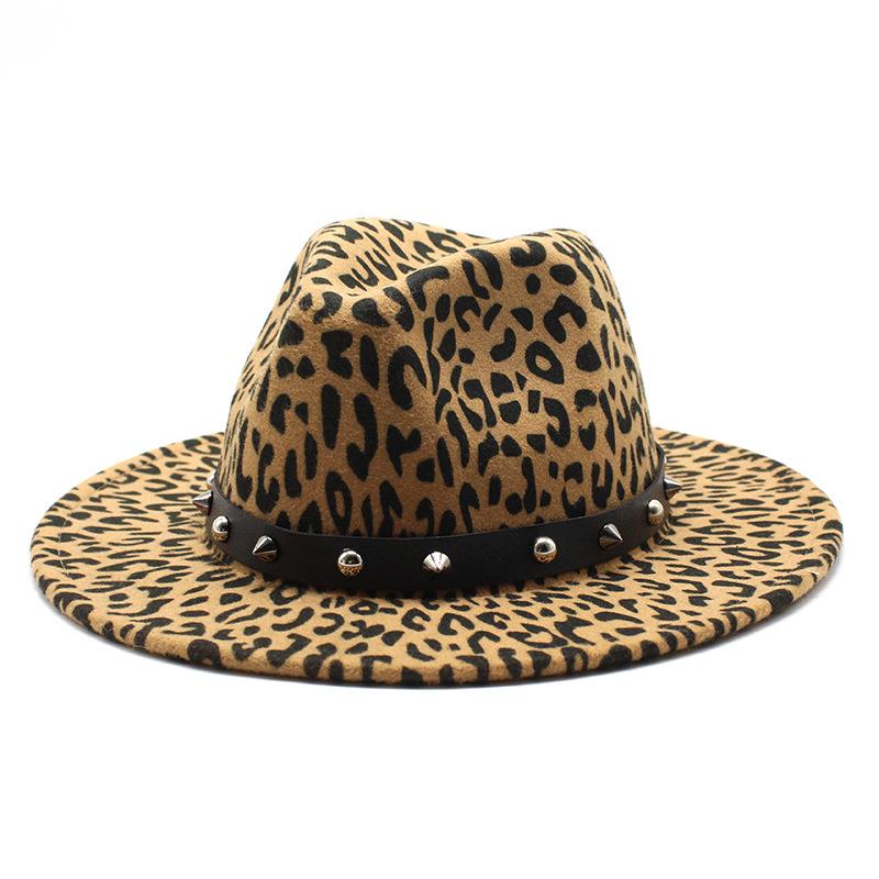 Leopard Print Top Hat, Jazz Hat, Men'S And Women'S Woolen Rivet Top Hat, Flat-Brimmed Big Eaves Hat.