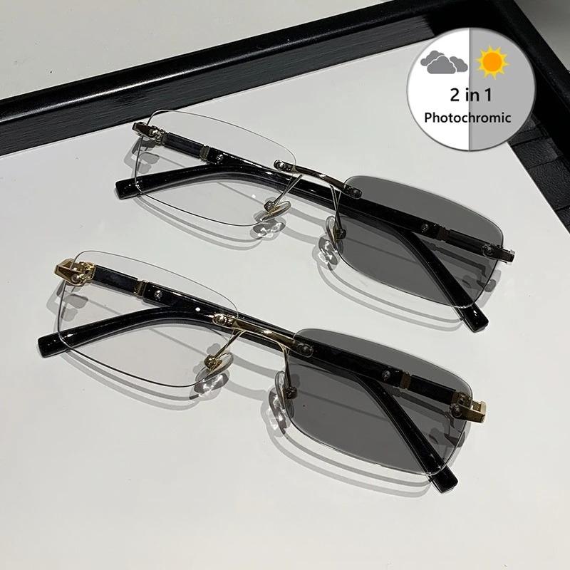 Men'S Rimless Color Changing Myopia Glasses Women'S Anti-Blue Light Square Myopia Glasses Color Changing Fashion Glasses -4.0