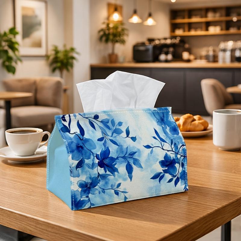 1pc Minimalist Watercolor Floral Blue Tissue Holder with Botanical Branch, Easy Fabric Napkin Storage Organizer for Kitchen And Car, Elegant Decorativ