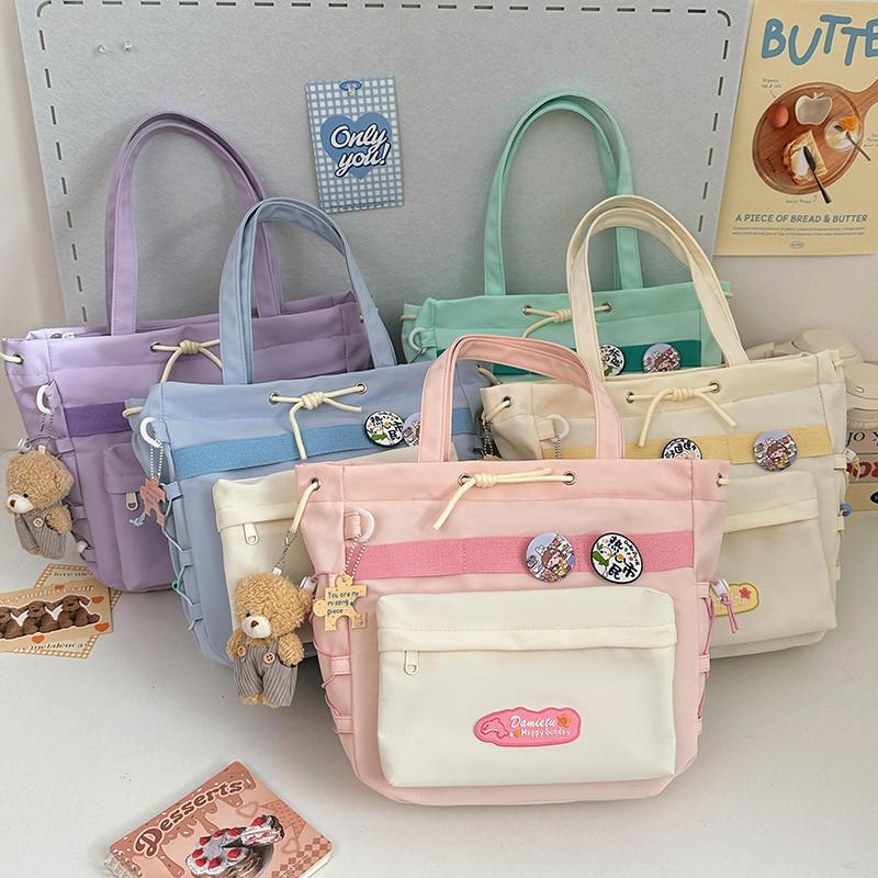 Student Class Shoulder Bag Girls Nylon Bag Color Contrast Large Capacity Tote Bag