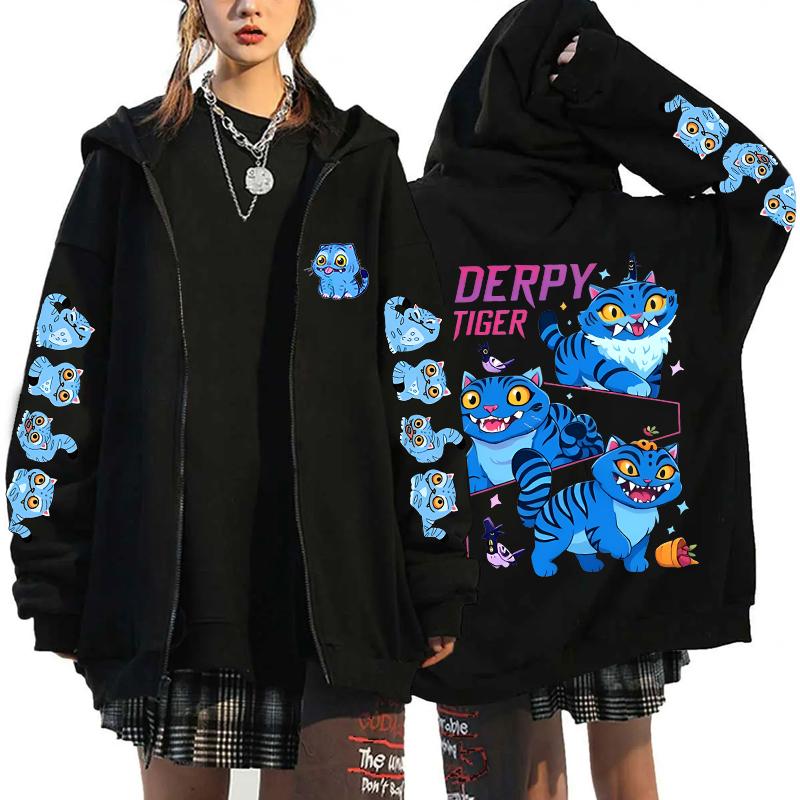 Kpop Dämonenjäger Niedlicher Tiger Aufdruck Reißverschluss-Hoodies Mode Cartoon Damen Herren Sweatshirt Langarm Zip-Up Hoodie