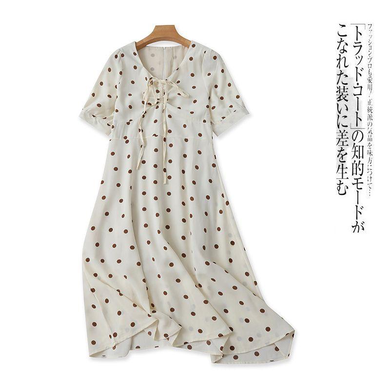 

Women s Polka Dot Summer Fashion Short Sleeve Pullover Dress Beige Bottom Wave Dot A- 3-30-2 M