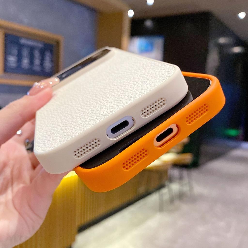 Applicable to iPhone17 mobile phone case plain leather lychee pattern Apple 16pro creative second change 15 advanced sense protective case