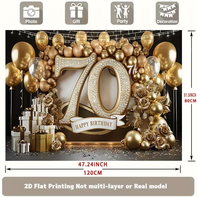 2D Luxury Black Gold 70th Birthday Banner, Shiny Diamond Number Backdrop, Adult Birthday Party Decor