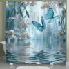 Open 1pc Blue Butterfly and White Floral Polyester Shower Curtain Home Decor Printed Curtain No-Hole Bathroom Divider