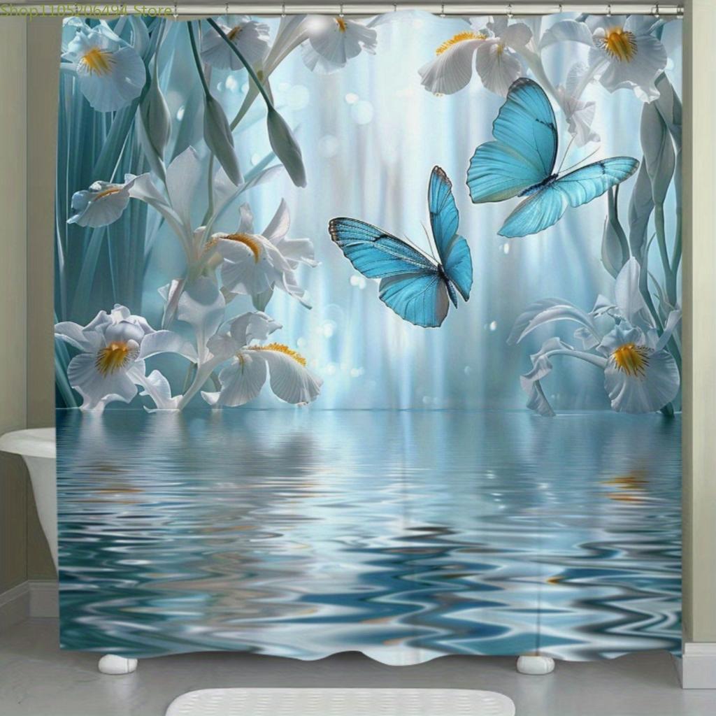 Open 1pc Blue Butterfly and White Floral Polyester Shower Curtain Home Decor Printed Curtain No-Hole Bathroom Divider