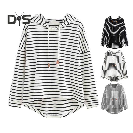 Women Autumn Hoodie Striped Print Contrast Color Drawstring Irregular Hem Long Sleeve Hooded Loose Pullover Casual Soft Lady Spring Sweatshirt