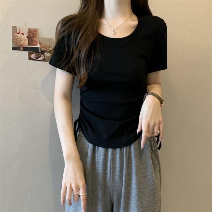 

Special offer cotton × threaded design short-sleeved t-shirt women s summer drawstring short Spice Girl top S чёрный