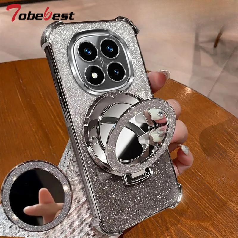 Shockproof Glitter Plating Case For Xiaomi Redmi 14C Note 14 Pro 4G 5G Crystal Bracelet Mirror Magnetic Holder Stand Soft Cover