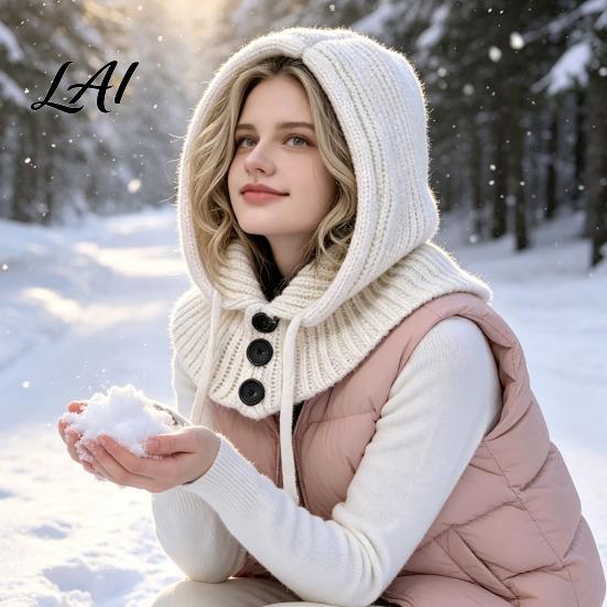 Cozy Knit Hat Women Hooded Scarf for Winter Pullover Balaclava Hood Outdoor with Adjustable Drawstring Warm Neck Gaiter Skull Cap