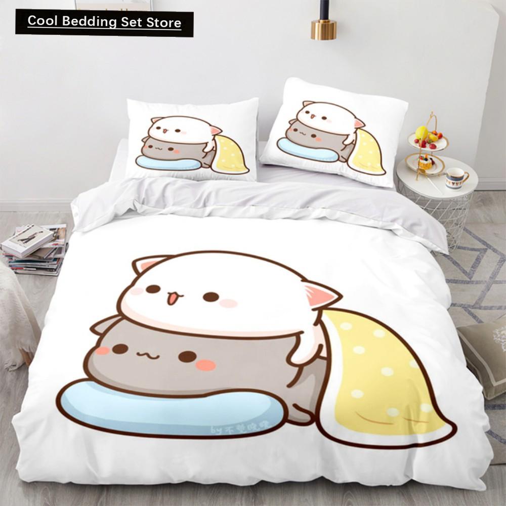 Lovely Peach Cat Bedding Set Cartoon Comforter Sets Double Queen King Twin Full Size Duvet Cover Set Kids Girls White Bed Linen