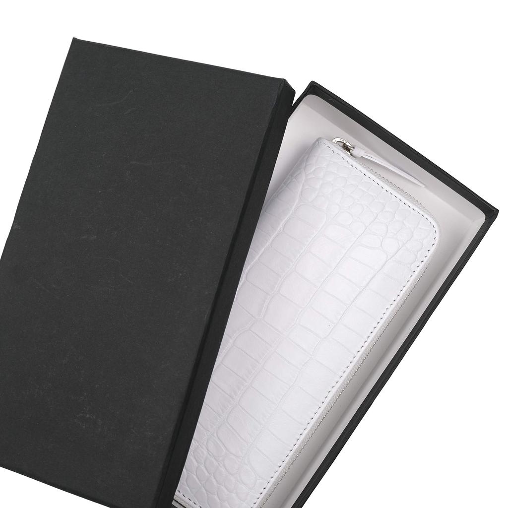 Nallyda Crocodile-Embossed Leather Long Wallet (White with Pink Interior)