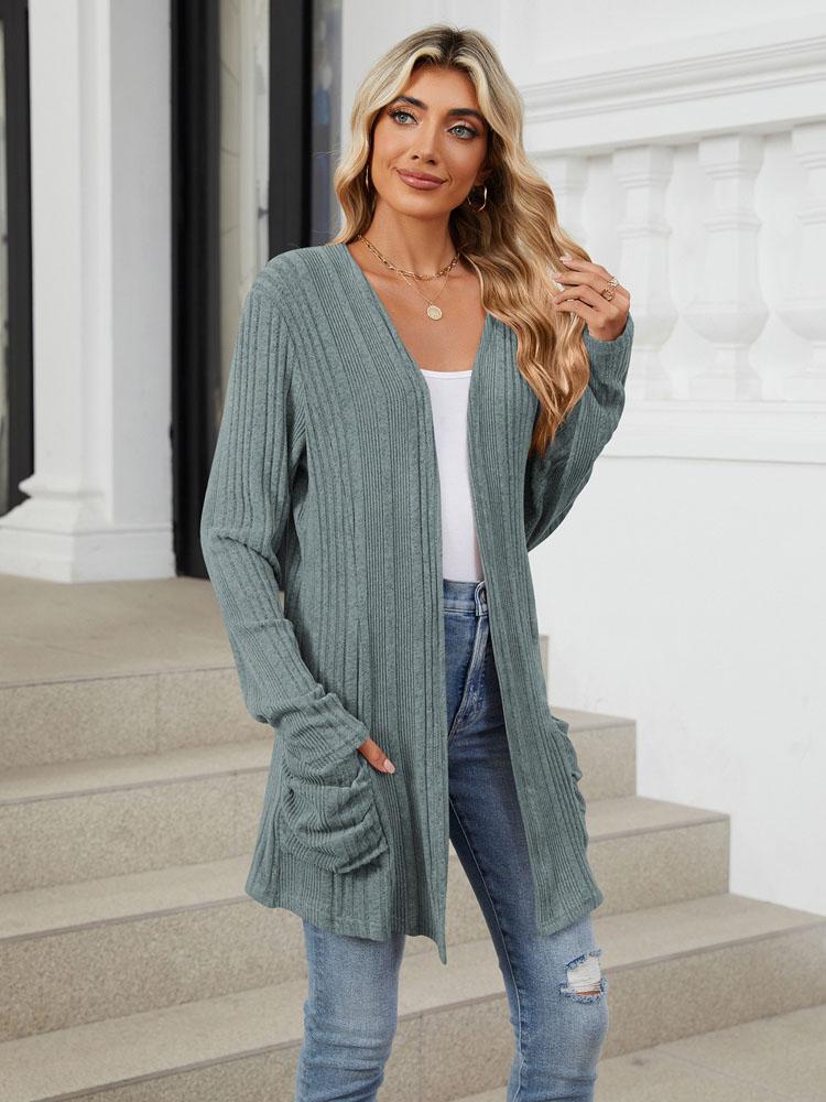 Autumn and Winter New Pit Stripes Long-sleeved Pockets Casual Solid Color Cardigan Jacket Long Cardigan Women Tops Kawaii Sweater