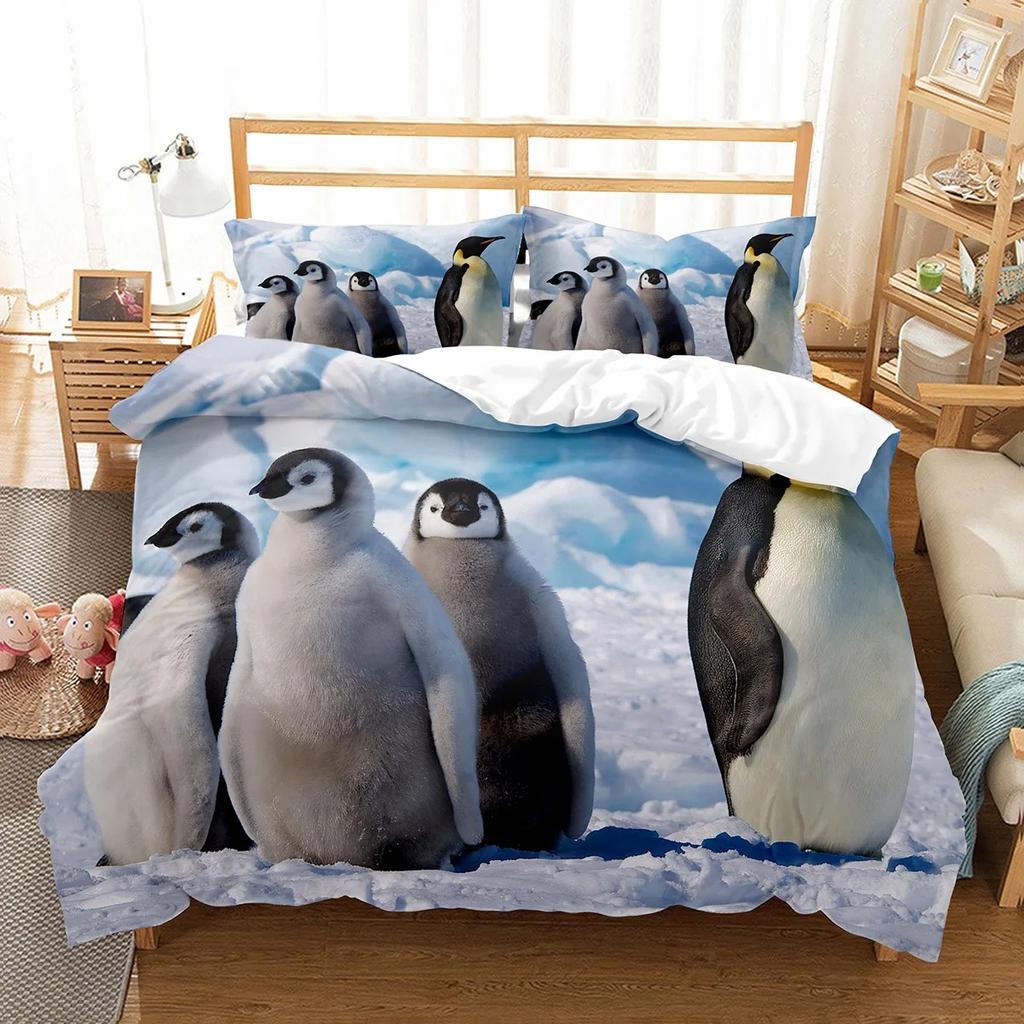 Roztomilý Vzor Tučňáků Sada Povlaku na Přikrývku Roztomilá Kawaii Zvířátka Pro Chlapce Dívky Dekorace Ložnice Polyesterový Povlak na Přikrývku Velikost King Queen