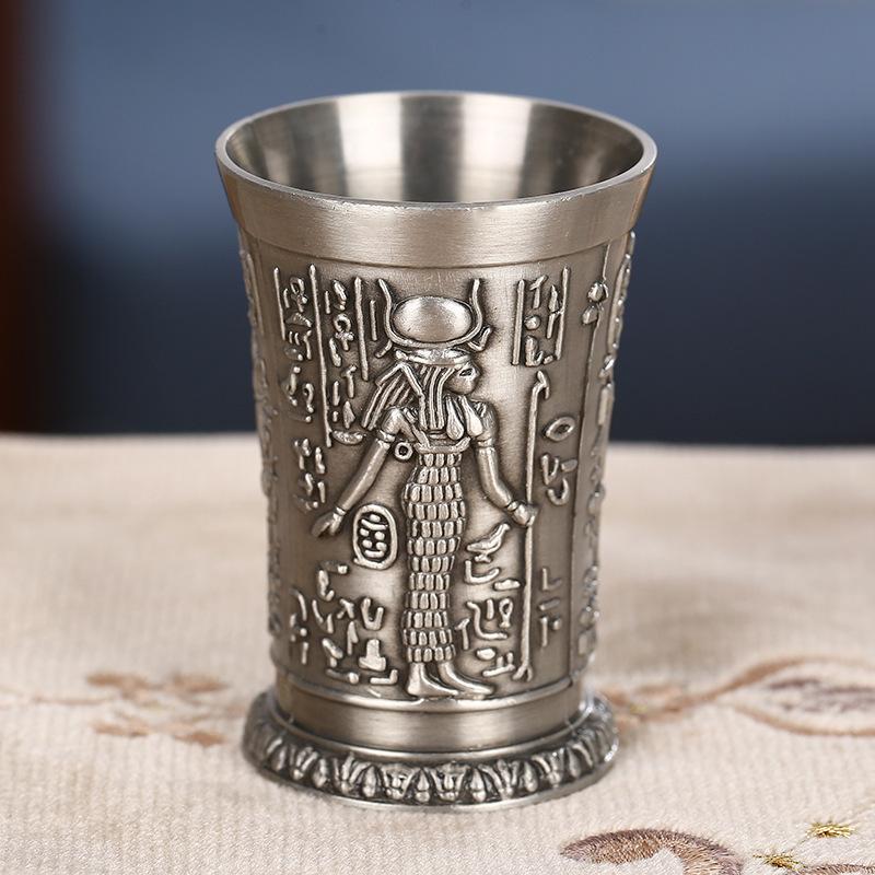 Ancient Egypt Totem Art Relief Retro Bronze Liqueur Wine Glass Vermouth Absinthe Cocktail Cup Metal Liquor Vodka Small Wineglass