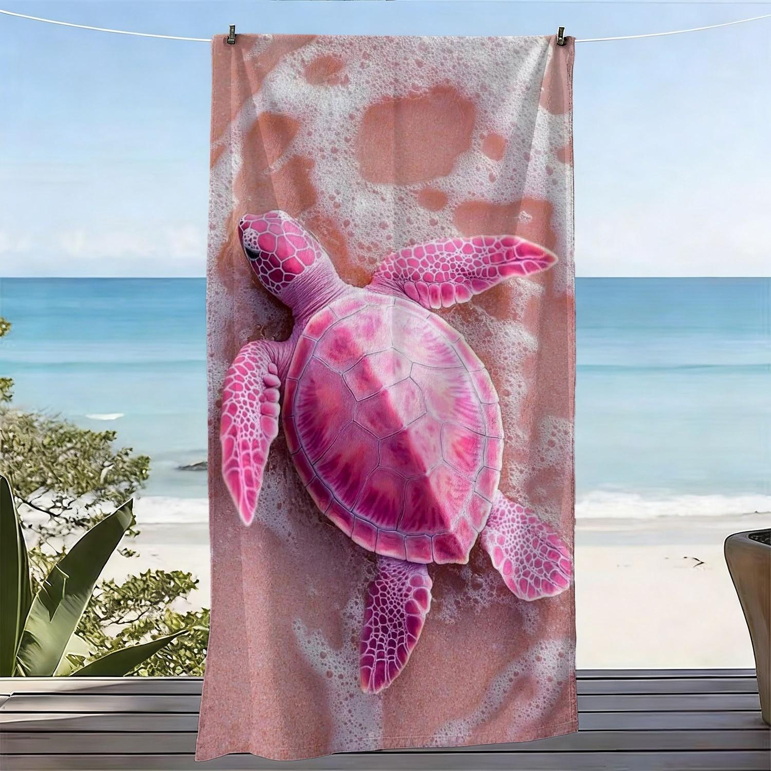Tropical Pink Turtle Beach Towel Realistic Sea Turtle on Beach Foam Pattern Bath Towel, Perfect for Ocean Lovers Beach Vacations W30*H60(CM)