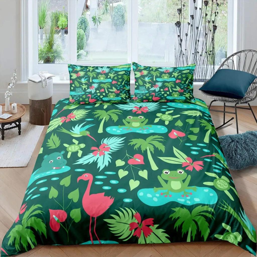 Cartoon Frog Duvet Cover Set Light Green Cartoon Frogs Cute Dragonfly Animal Bedding Set for Kid Twin Size Polyester Quilt Cover