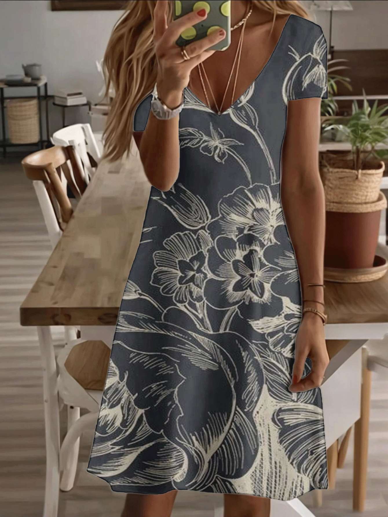 

Vneck shortsleeve midi dress floral art print pattern 3D premium printing durable casual fashion elegant summer outfit lightweight breathable women’s 4XL дубильная кора