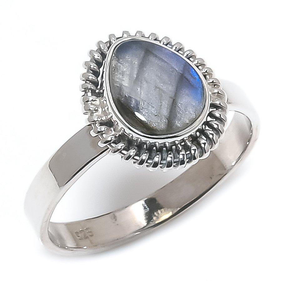 Natural Labradorite Gemstone Handmade 925 Solid Silver Jewelry Ring Size 9 n6Q45