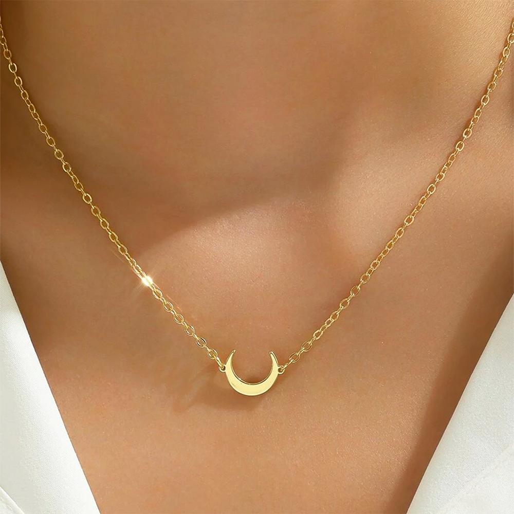 Stainless Steel Minimalist Moon Pendant Necklace Women's Fashion Commuter Personalised Design Collarbone Chain Jewellery Gift