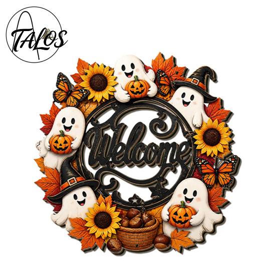 Fall Wall Hanging Ornament Halloween Pumpkin Ghost Wooden Welcome Door Hanger Sign, Cute with Bell Theme Plaque Rope, Decor for Indoor Outdoor