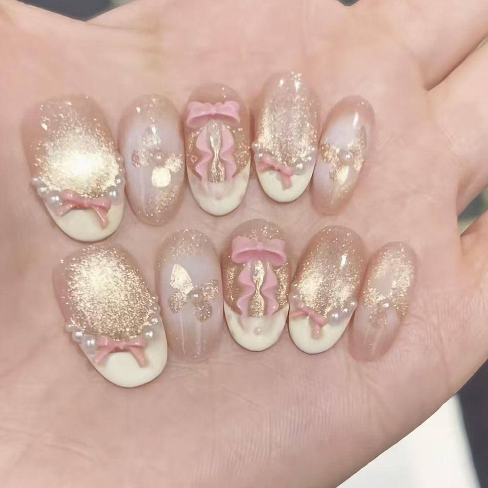 Manicure Long Almond False Nails French Simple Press On Nails Detachable Sweet Pink Bow Nail Tips DIY