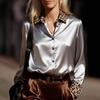 Women's Leopard Print Patchwork Satin Blouse - Slimming Long Sleeve Round Neck for Spring/Autumn