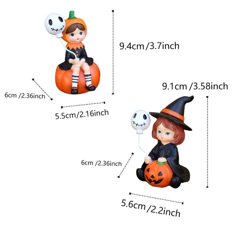 2Pcs Halloween Decors Handcrafted Witch Holding Ghostly Balloon Resins Figurines Ornaments For Home Festives Display