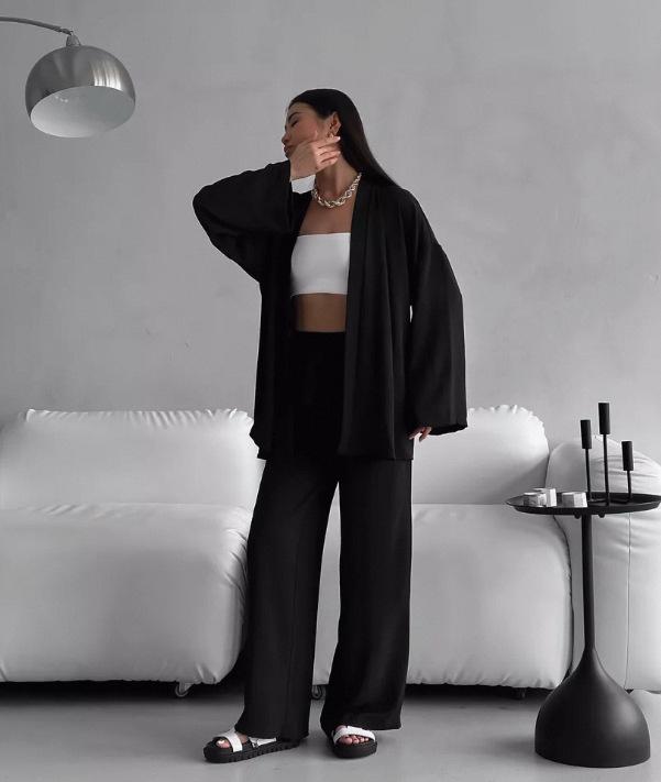 Women's Autumn Casual Two-Piece Set: Waist-Cinching Belted Cardigan & Long Pants