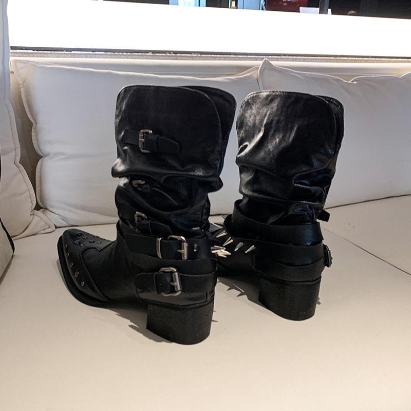 Fashion Punk Sle Ro Gothic Knight Boots Woman Rivet Chic Girls Pointed Toe High Top Boots Leather Inner Material Rubber Outsole Shoes