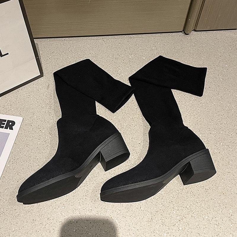 Elastic Socks Boots Women's 2025 Spring and Autumn Versatile Long Tube Socks Over Knee Boots Women's Thick Heel Pointed Skinny Boots Large Size
