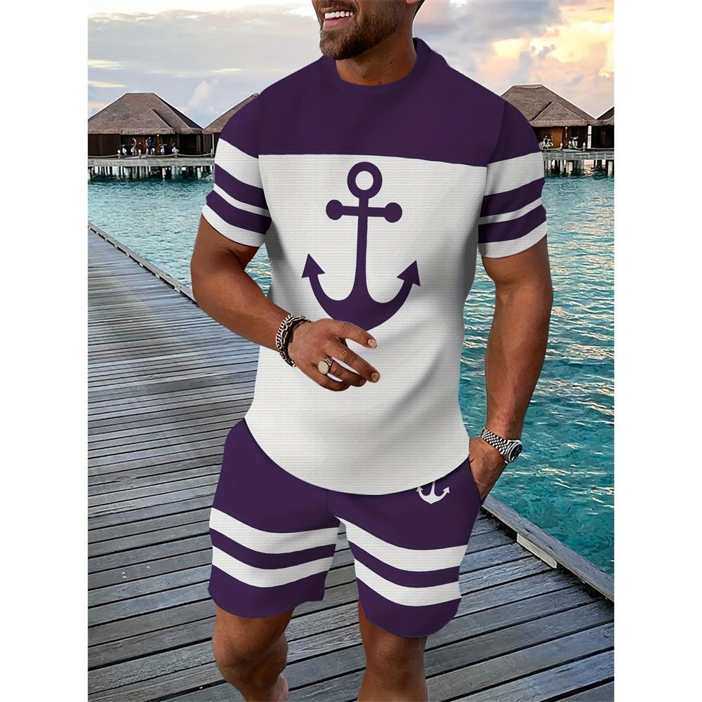 New Men's Hawaiian Two-Piece Set Beach Coconut Tree Print Crew Neck Short Sleeve Shirt Drawstring Shorts Casual Vacation Outfit