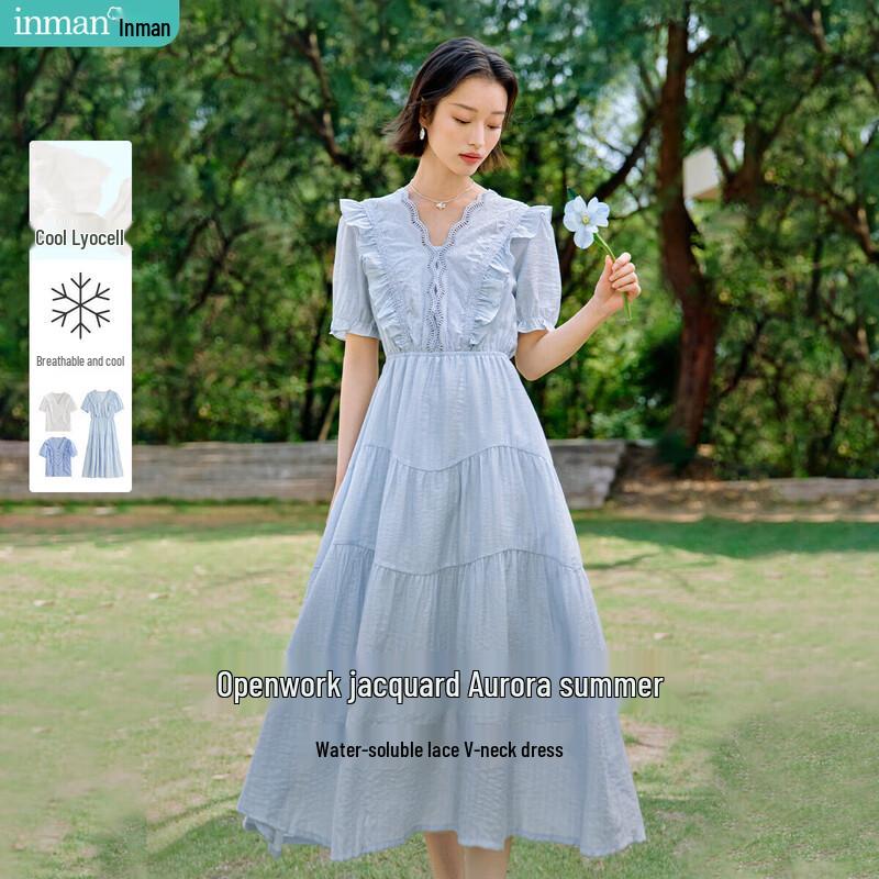 

INMAN Lyocell Lace V-Neck Short Sleeve Midi Dress M