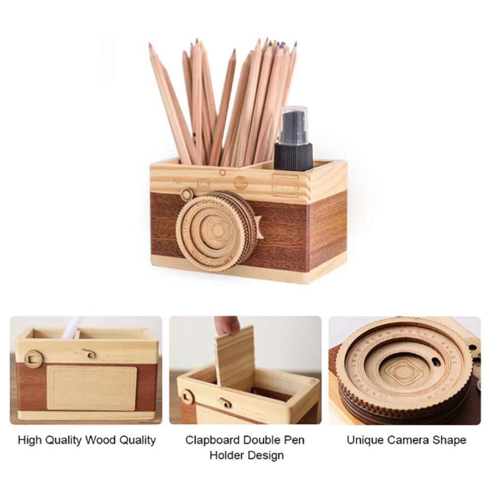 Camera Office School Supplies Pencil Holder Makeup Organizer Desk Accessories Wooden Pen Holder